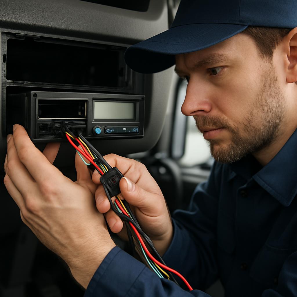 Técnico instalando tacógrafo em caminhão